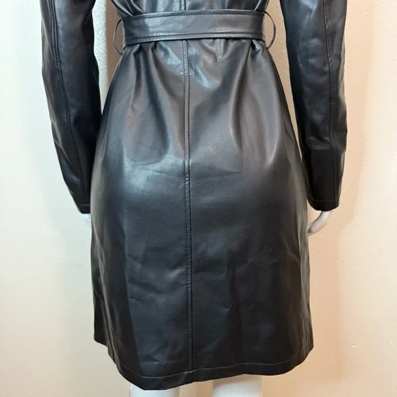 Black faux leather lapel collar belted open front trench coat - Picture 6 of 15